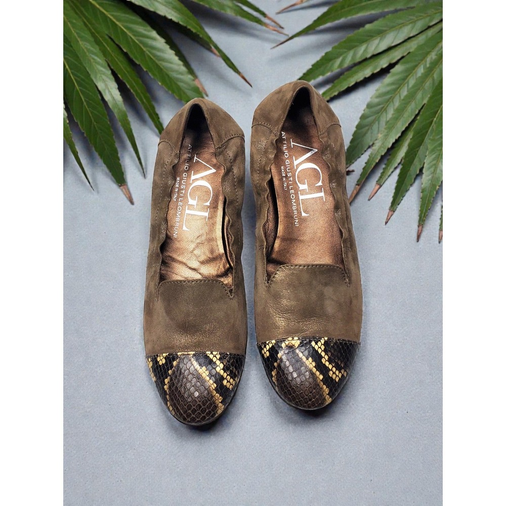 AGL Slip On Gold Leather Snakeskin‎ Cap Toe Ballet Flats Shoes US Size 8